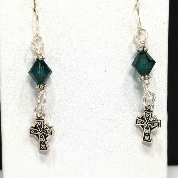 Women’s Cross Earrings, Wrapped Earrings, Green Swarovski Beads - Picture 6 of 7